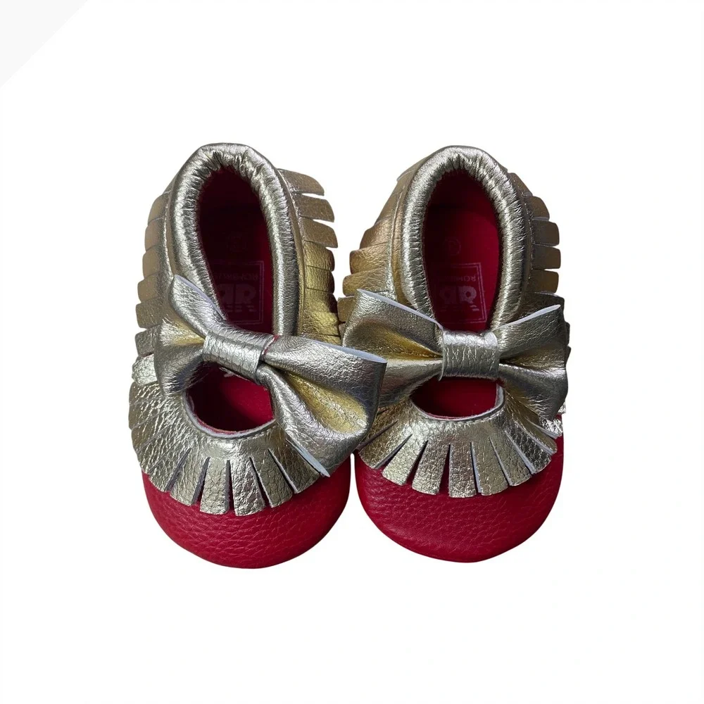 Romirus‎ Red Gold Leather Baby Moccasins Fringe Bow Soft Sole Shoes Size 3